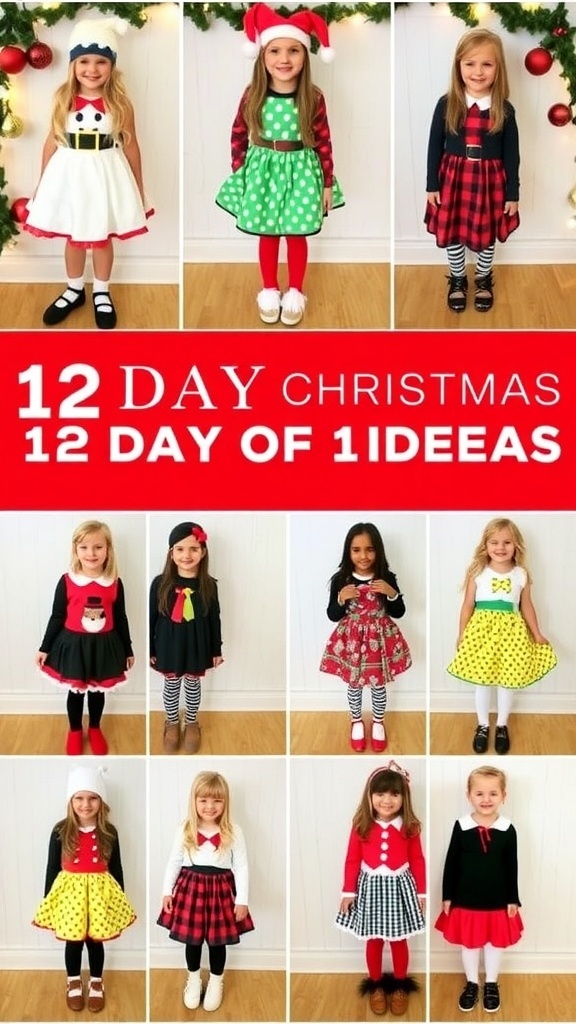 12 Days of Christmas Dress-Up Ideas Collage of 12 Days of Christmas dress-up ideas with themed outfits.